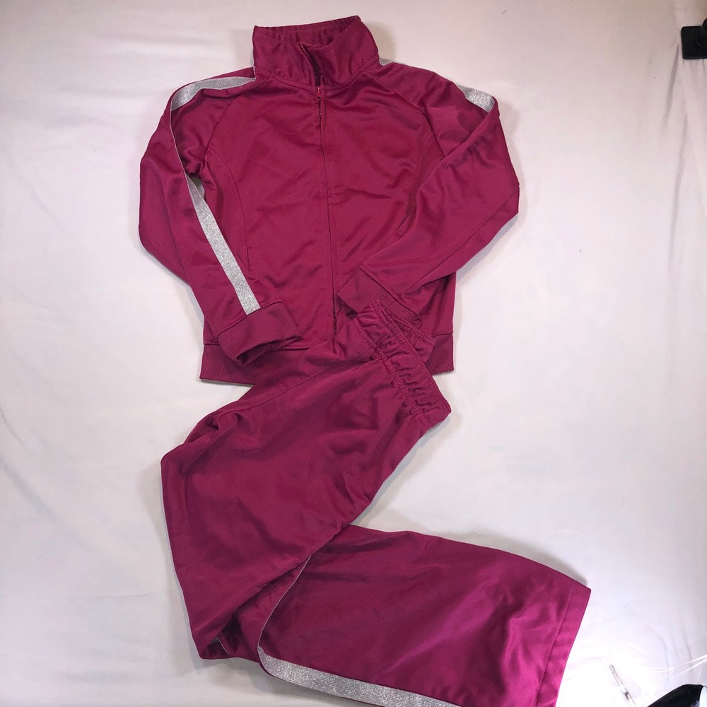 Pro Player Girls Tracksuit Set Pink Silver Glitter Stripe Jacket Pants 10/12